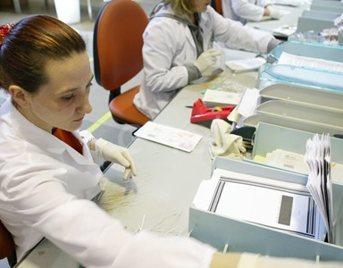 Impiegati al lavoro nel reparto 'Preparazione digitalizzazione' di documenti