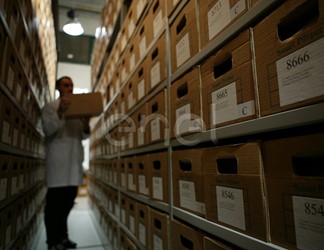 Operatore dell'archivio ordina la documentazione negli armadi mobili compattabili